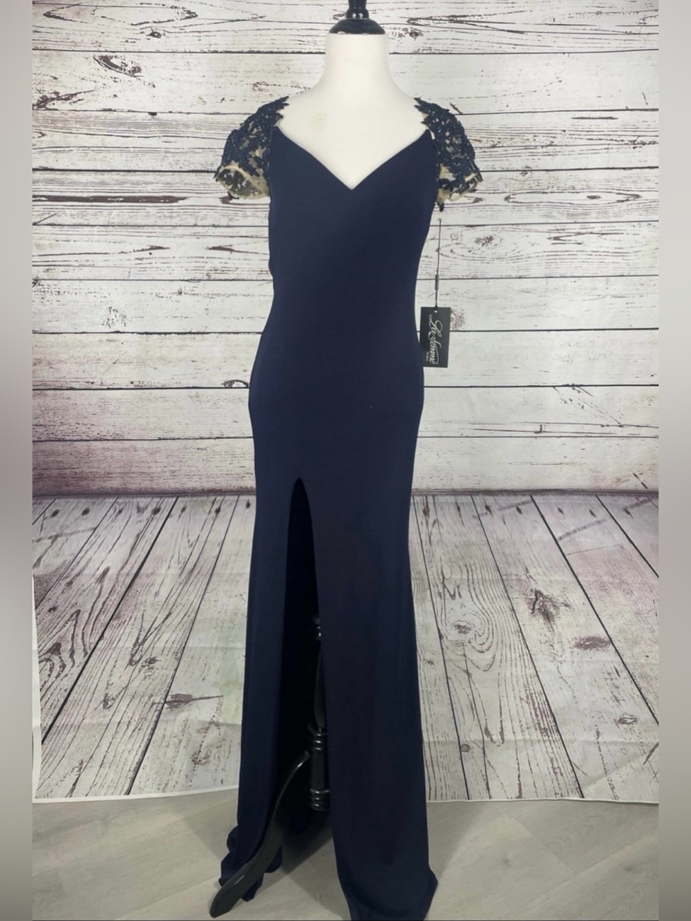 La Femme Navy Lace Sleeve Gown Size 2 Formal Evening Slit Maxi Dress